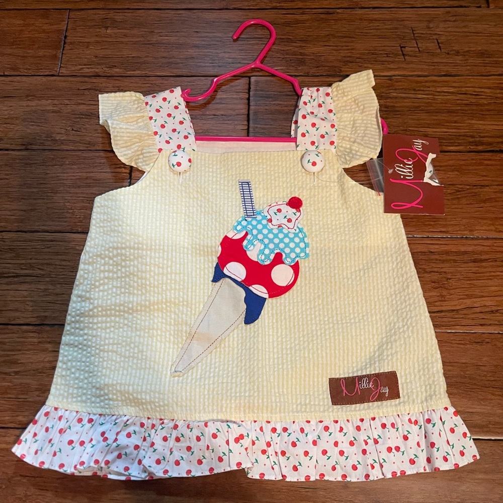 Millie Jay NWT Yellow Seersucker Ice Cream Top with Cherry Accents & Ruffles